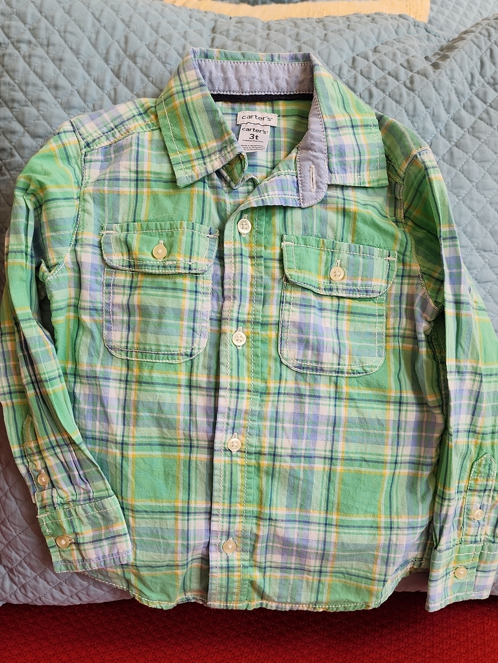 3T Carter's Green Plaid Button-Down Shirt with Yellow & Blue Accents